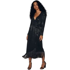 NWOT Lulus Women's Large Dream Big Metallic Black Puff Sleeve Fringe Wrap Dress‎